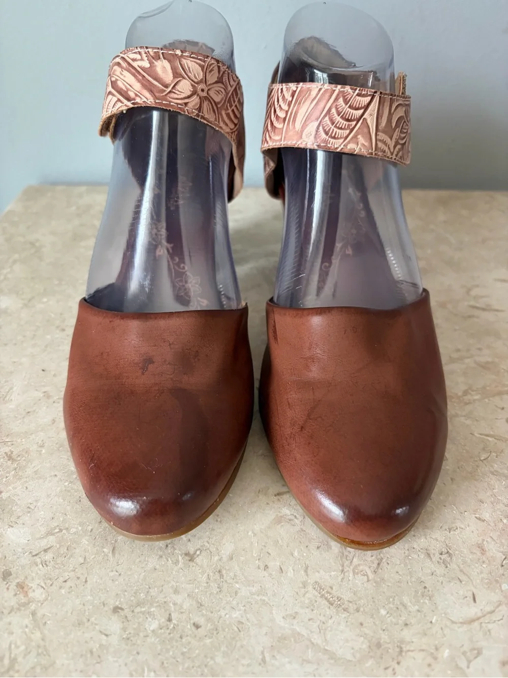 Patrizia Spring Step Shoes Women’s 8 Brown Embossed Leather Floral Boho Heels
